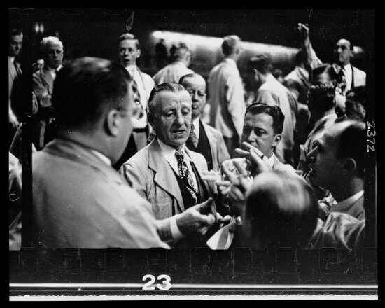 Men working the floor at the Chicago Board of Trade