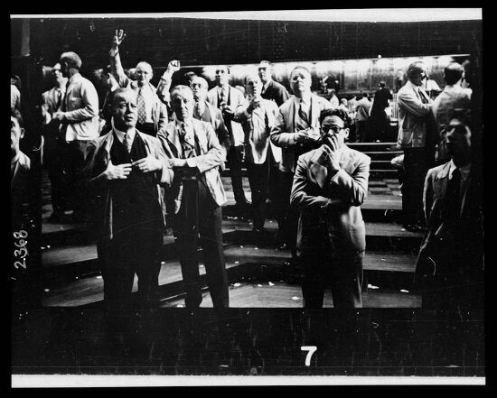 Men working the floor at the Chicago Board of Trade