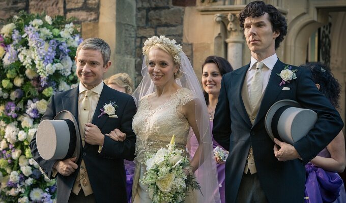 Picture shows: John Watson (MARTIN FREEMAN), Mary Morstan (AMANDA ABBINGTON) and Sherlock Holmes (BENEDICT CUMBERBATCH)