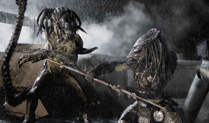 (l to r) The PredAlien and a Predator face off in Aliens vs Predator- Requiem.