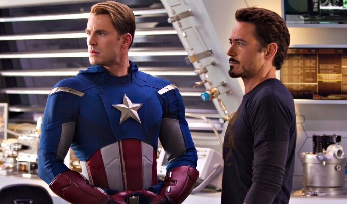?Marvel's The Avengers?..CAPTAIN AMERICA (L) Chris Evans and TONY STARK (Robert Downey, Jr.) (R)..Ph: Zade Rosenthal ..© 2011 MVLFFLLC. TM & © 2011 Marvel. All Rights Reserved.