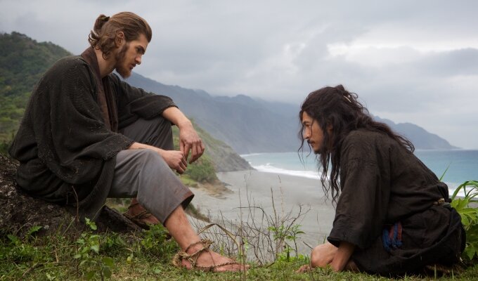 L-R: Andrew Garfield plays Father Rodrigues and Yosuke Kubozuka plays Kichijiro in the film SILENCE by Paramount Pictures, SharpSword Films, and AI Films