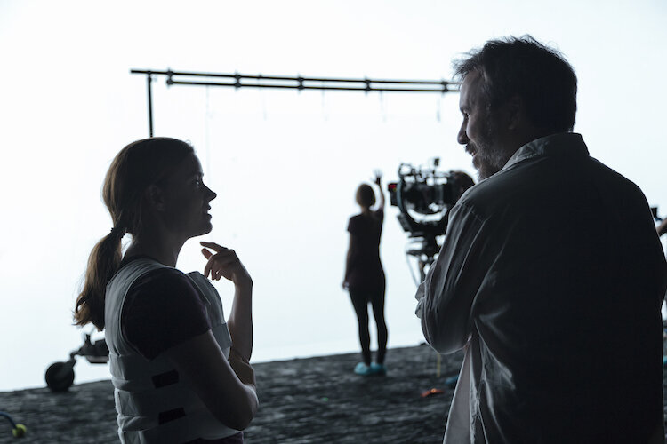 (L-R) Amy Adams and director, Denis Villeneuve on the set of the film ARRIVAL by Paramount Pictures