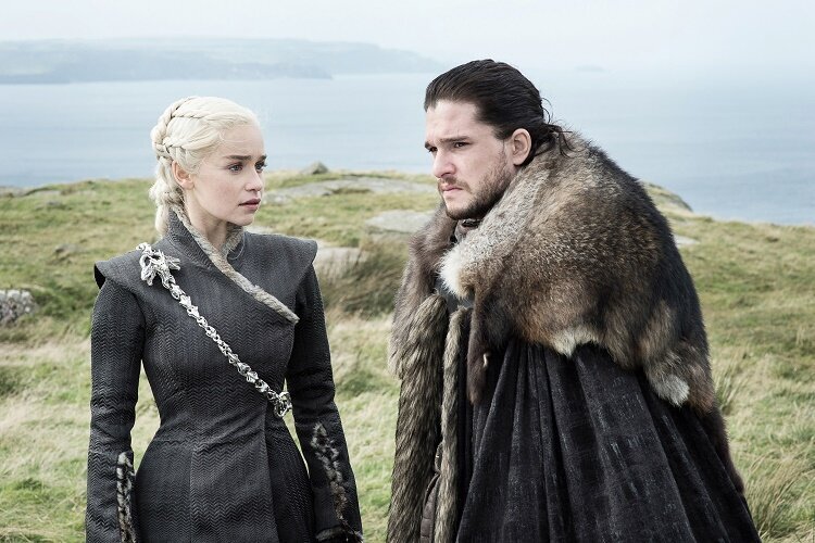 Emilia Clarke as Daenerys Targaryen and Kit Harington as Jon Snow