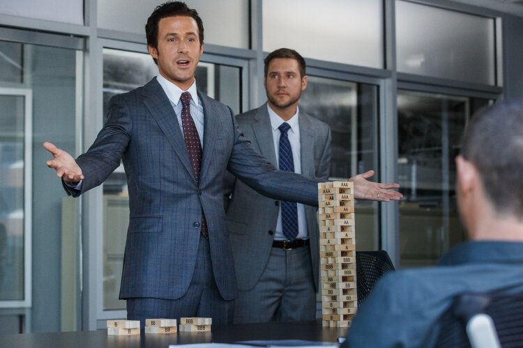 Left to right: Ryan Gosling plays Jared Vennett and Jeffry Griffin plays Chris in The Big Short from Paramount Pictures and Regency Enterprises